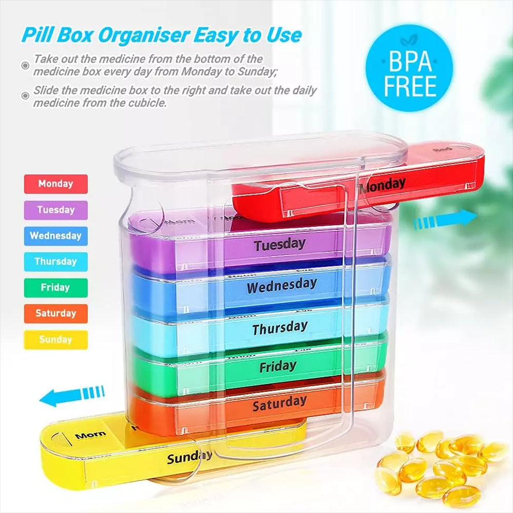 ⏰ Never Miss Your Pills! 7 Day Rainbow Pill Organizer 28 Compartments, Morning Noon Evening Bedtime Medication Storage Box