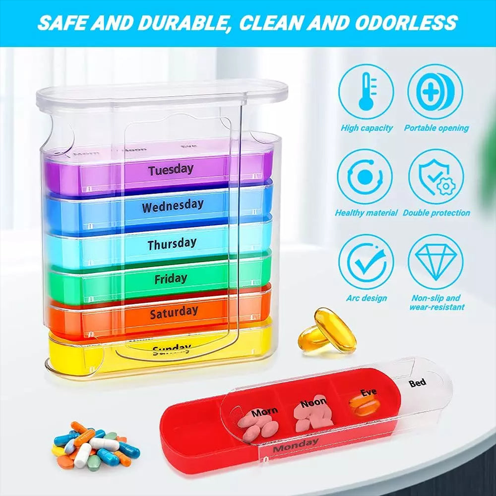 ⏰ Never Miss Your Pills! 7 Day Rainbow Pill Organizer 28 Compartments, Morning Noon Evening Bedtime Medication Storage Box
