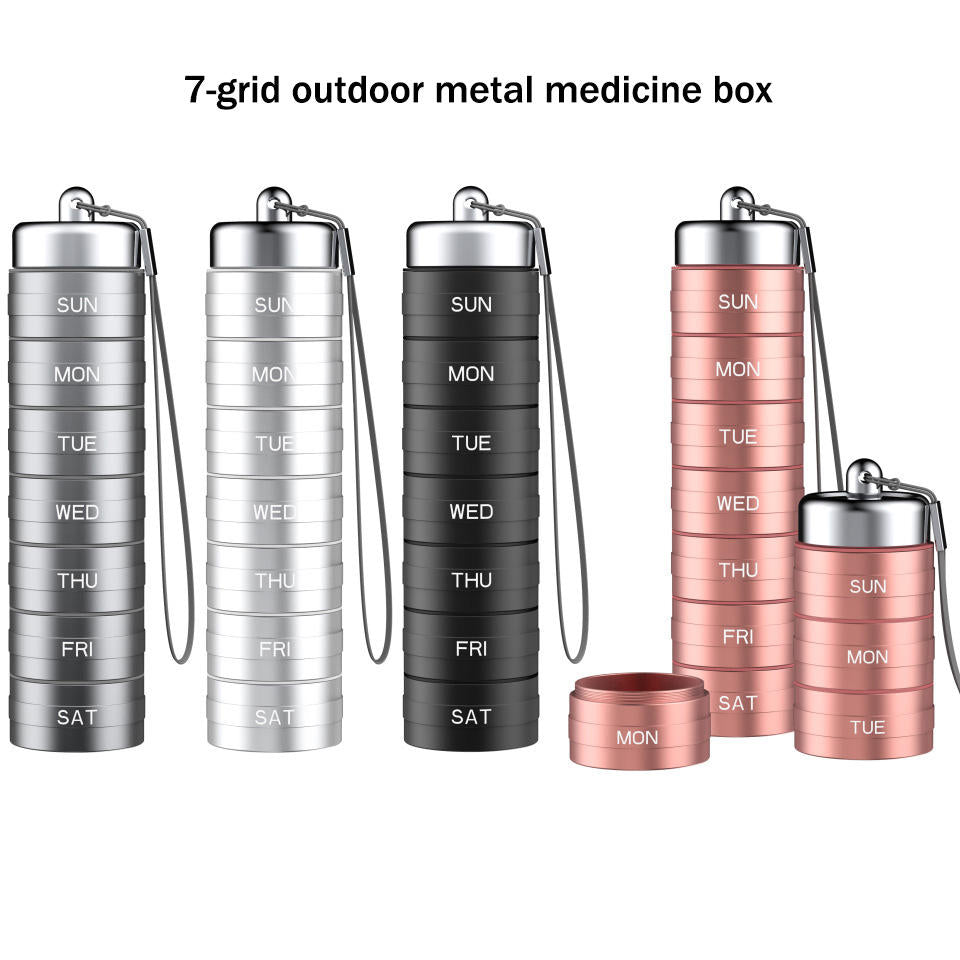 🎉 Hot Sale Now✨ Premium Metal Weekly Pill Case 7 Compartments, Waterproof Cylinder Vitamin Holder, Perfect Gift For Elders & Travel Lovers