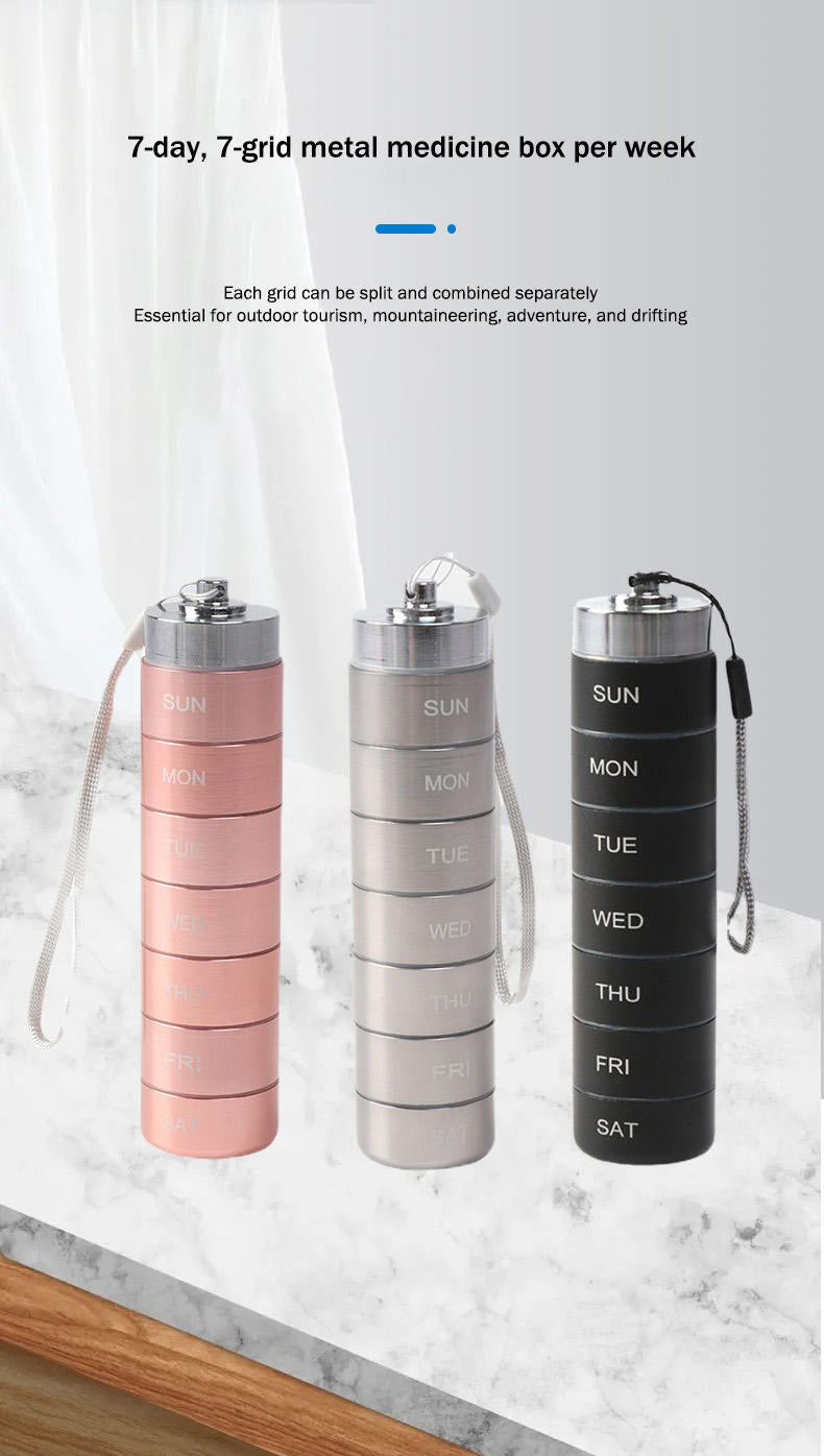 🎉 Hot Sale Now✨ Premium Metal Weekly Pill Case 7 Compartments, Waterproof Cylinder Vitamin Holder, Perfect Gift For Elders & Travel Lovers